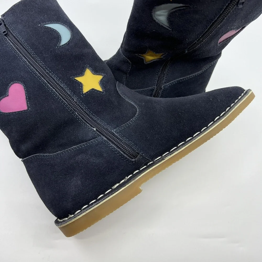 NEW Boden Suede Applique Boots Girls 4.5 Navy‎ Blue Hearts Stars Moon Zip Up